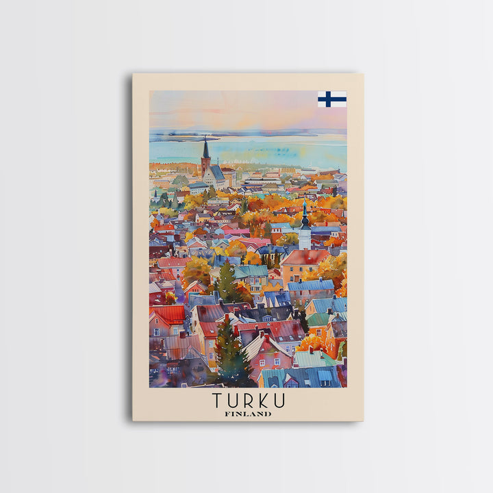 Turku Finland Travel Poster Framed Canvas Print, Watercolor Painting, Coastal Wall Art, Home Decor, Finnish Seaside, Contemporary Decor