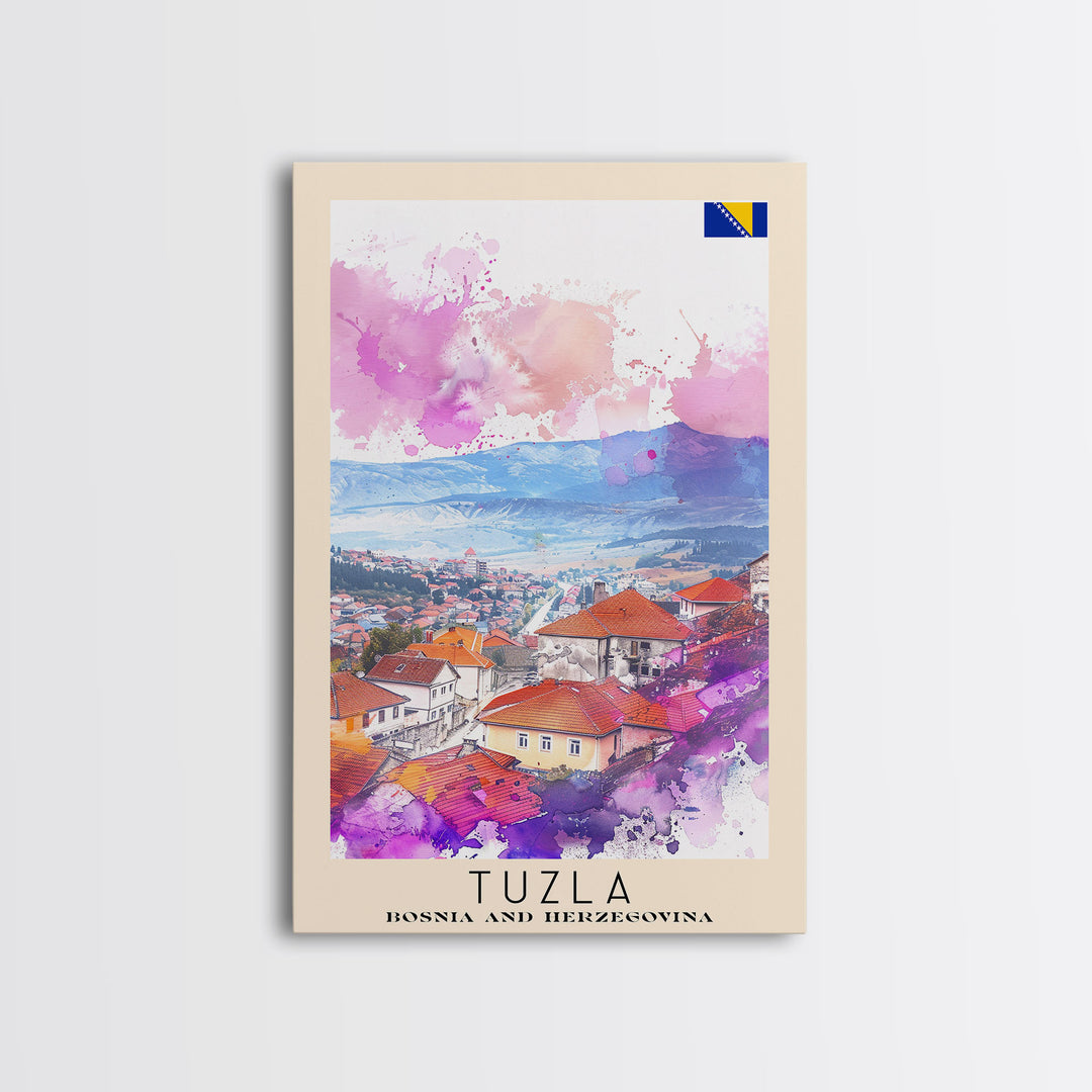 Tuzla Bosnia Travel Poster Framed Canvas Print, Watercolor Painting, Scenic Wall Art, Home Decor, Bosnian Landscape, Unique Art