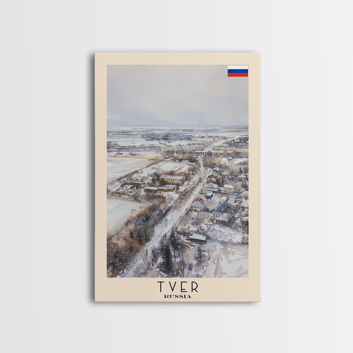 Tver Russia Travel Poster Framed Canvas Print, Watercolor Painting, Scenic Wall Art, Home Decor, Russian Landscape, Rustic Decor