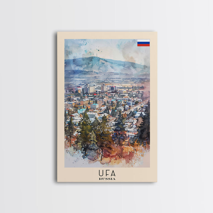 Ufa Russia Travel Poster Framed Canvas Print, Watercolor Painting, Scenic Wall Art, Home Decor, Russian Landscape, Vibrant Decor