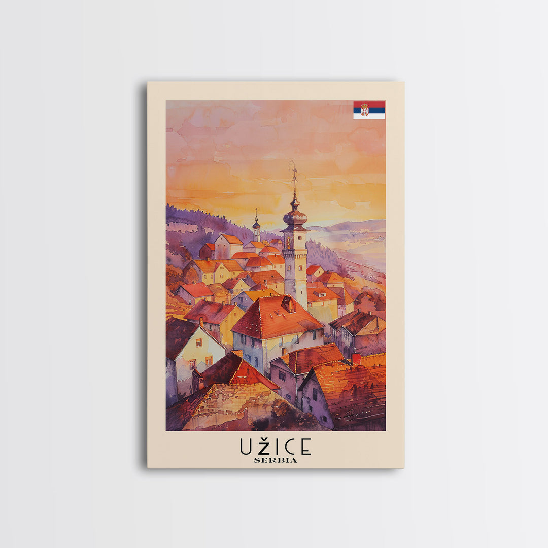 Uice Serbia Travel Poster Framed Canvas Print, Watercolor Painting, Scenic Wall Art, Home Decor, Serbian Landscape, Heritage Art