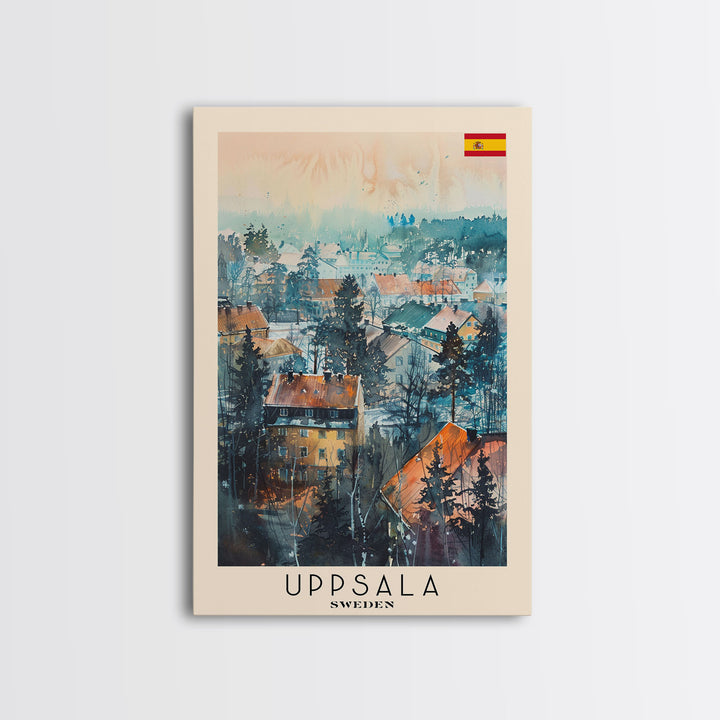 Uppsala Sweden Travel Poster Framed Canvas Print, Watercolor Painting, Urban Wall Art, Home Decor, Swedish Cityscape, Classic Decor