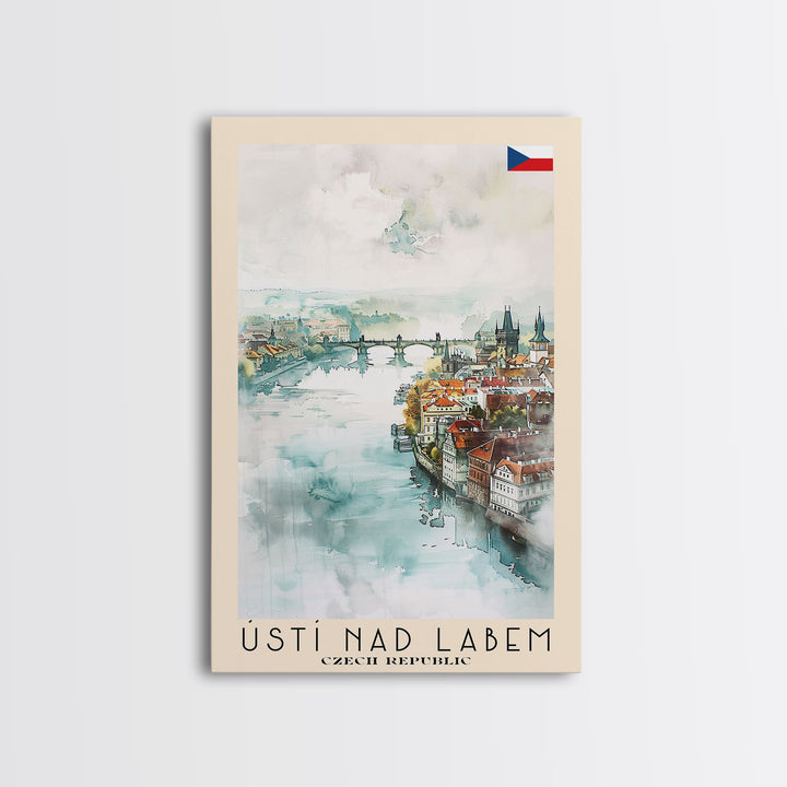 Usti Nad Labem Czech Travel Poster Framed Canvas Print, Watercolor Painting, Scenic Wall Art, Home Decor, Czech Landscape, Bohemian Art