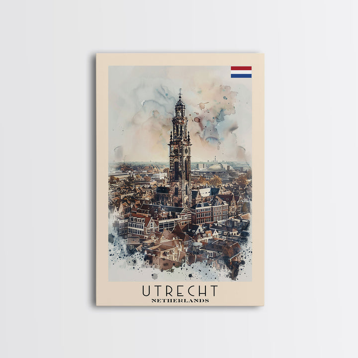 Utrecht Netherlands Travel Poster Framed Canvas Print, Watercolor Painting, Urban Wall Art, Home Decor, Dutch Cityscape, Trendy Art