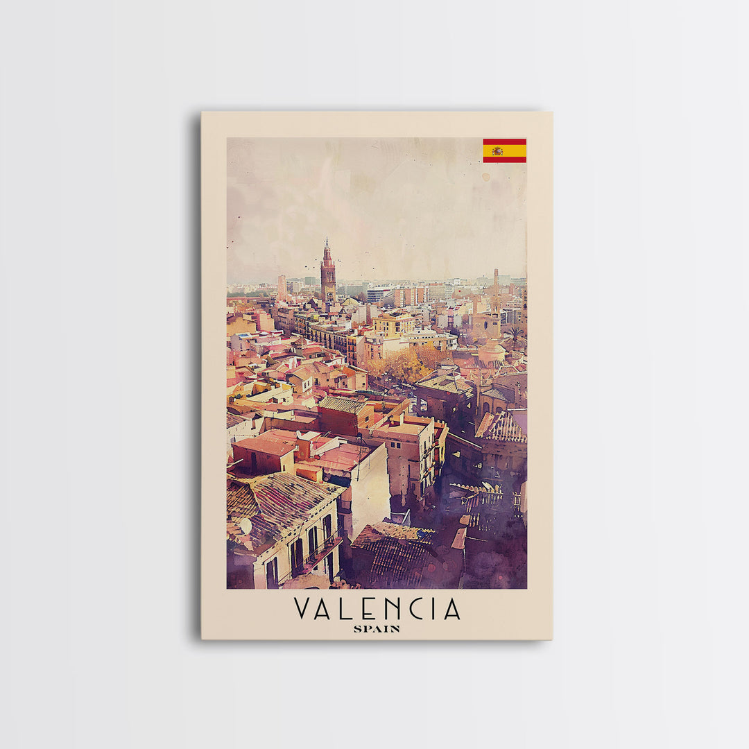 Valencia Spain Travel Poster Framed Canvas Print, Watercolor Painting, Coastal Wall Art, Home Decor, Spanish Seaside, Mediterranean Decor