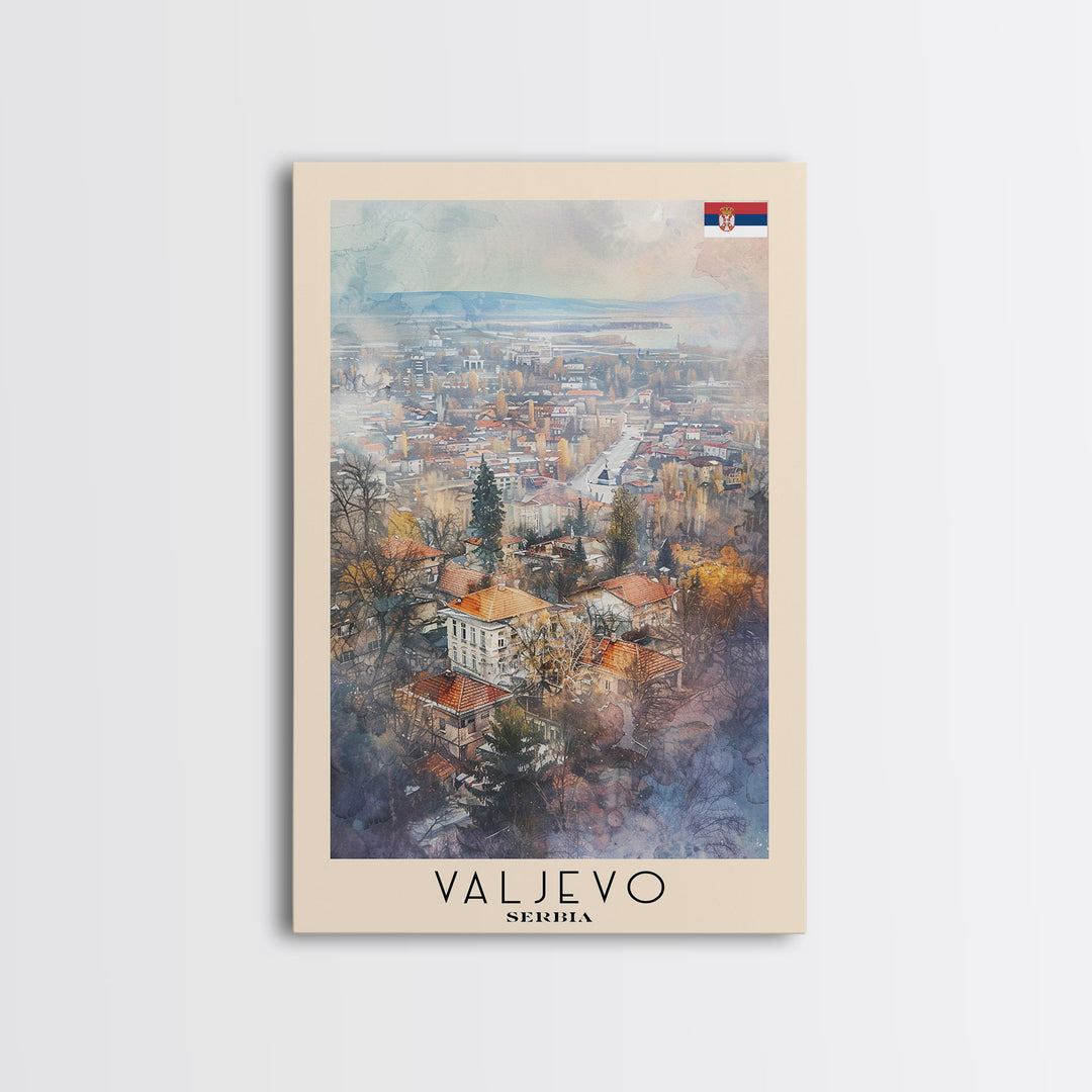 Valjevo Serbia Travel Poster Framed Canvas Print, Watercolor Painting, Scenic Wall Art, Home Decor, Serbian Landscape, Unique Art