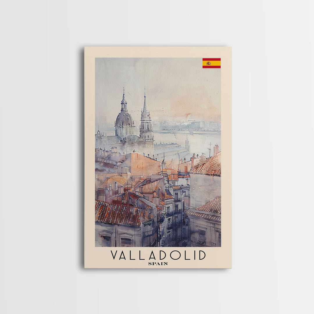 Valladolid Spain Travel Poster Framed Canvas Print, Watercolor Painting, Scenic Wall Art, Home Decor, Spanish Cityscape, Heritage Decor