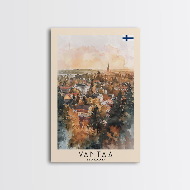 Vantaa Finland Travel Poster Framed Canvas Print, Watercolor Painting, Urban Wall Art, Home Decor, Finnish Cityscape, Modern Art