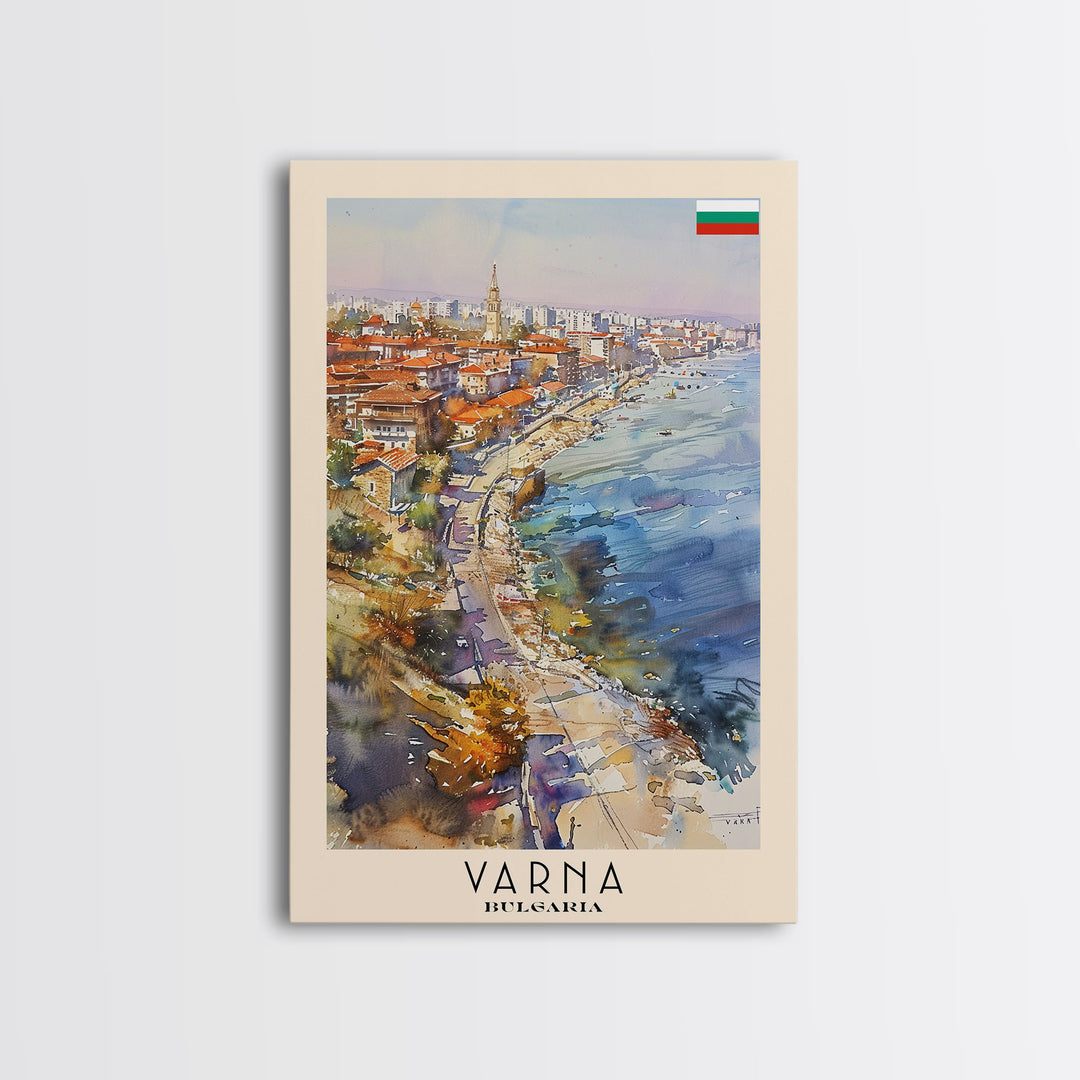 Varna Bulgaria Travel Poster Framed Canvas Print, Watercolor Painting, Coastal Wall Art, Home Decor, Bulgarian Seaside, Nautical Art