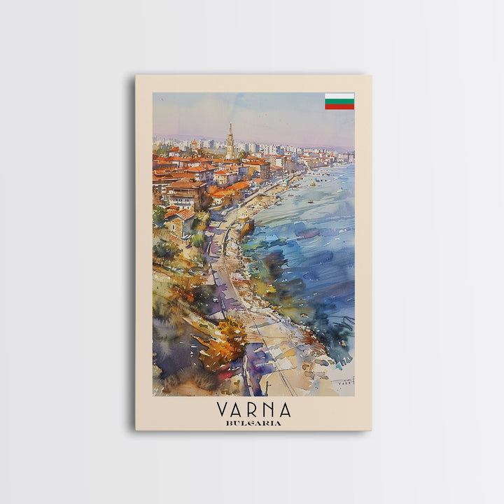 Varna Bulgaria Travel Poster Framed Canvas Print, Watercolor Painting, Coastal Wall Art, Home Decor, Bulgarian Seaside, Nautical Art