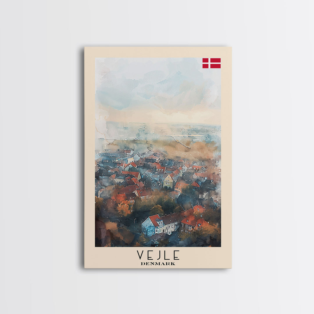 Vejle Denmark Travel Poster Framed Canvas Print, Watercolor Painting, Scenic Wall Art, Home Decor, Danish Landscape, Nordic Decor