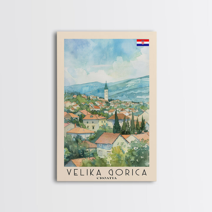 Velika Gorica Croatia Travel Poster Framed Canvas Print, Watercolor Painting, Urban Wall Art, Home Decor, Croatian Cityscape, Vibrant Art