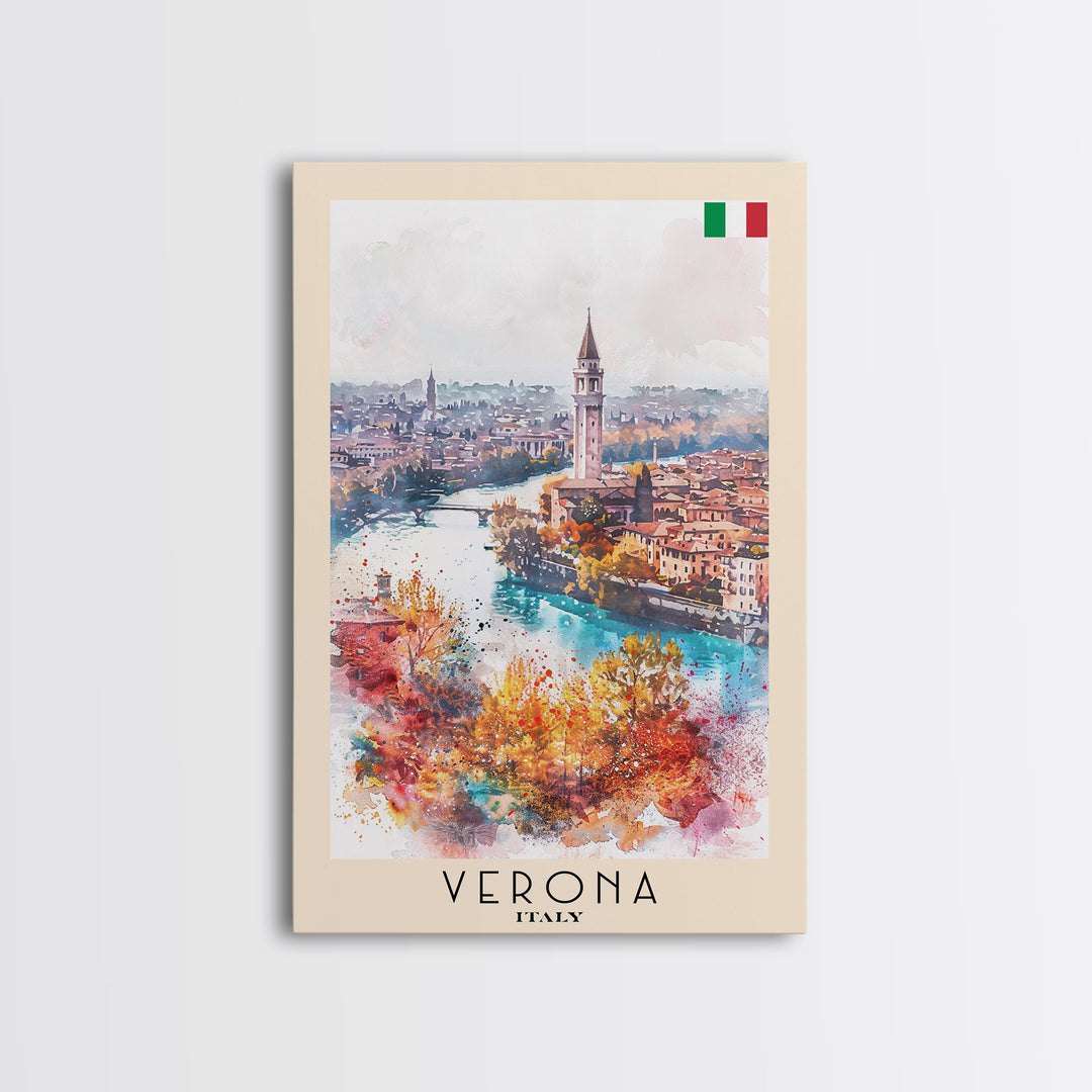 Verona Italy Travel Poster Framed Canvas Print, Watercolor Painting, Historic Wall Art, Home Decor, Italian Cityscape, Shakespearean Decor