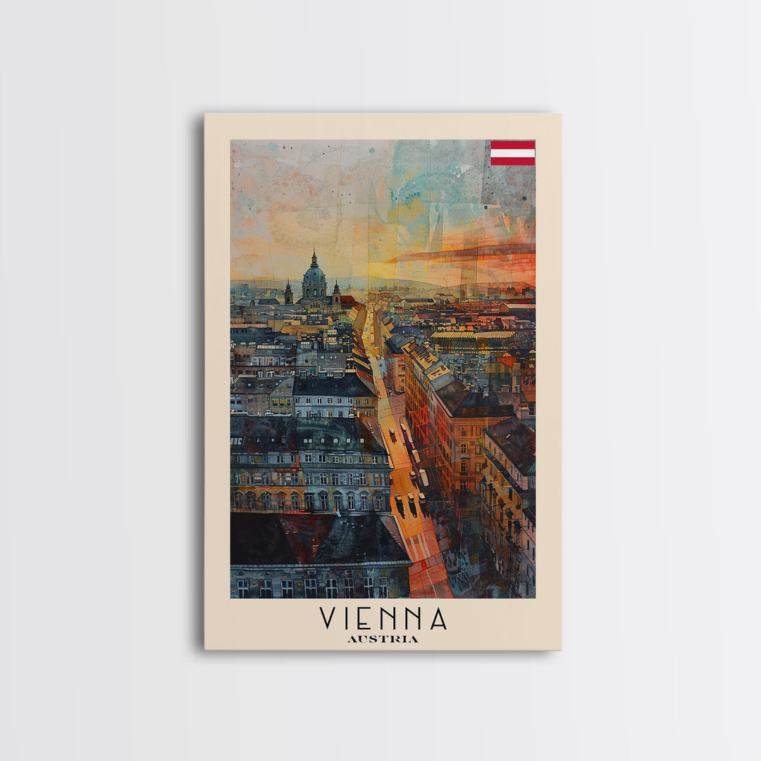 Vienna Austria Travel Poster Framed Canvas Print, Watercolor Painting, Historic Wall Art, Home Decor, Austrian Cityscape, Elegant Decor