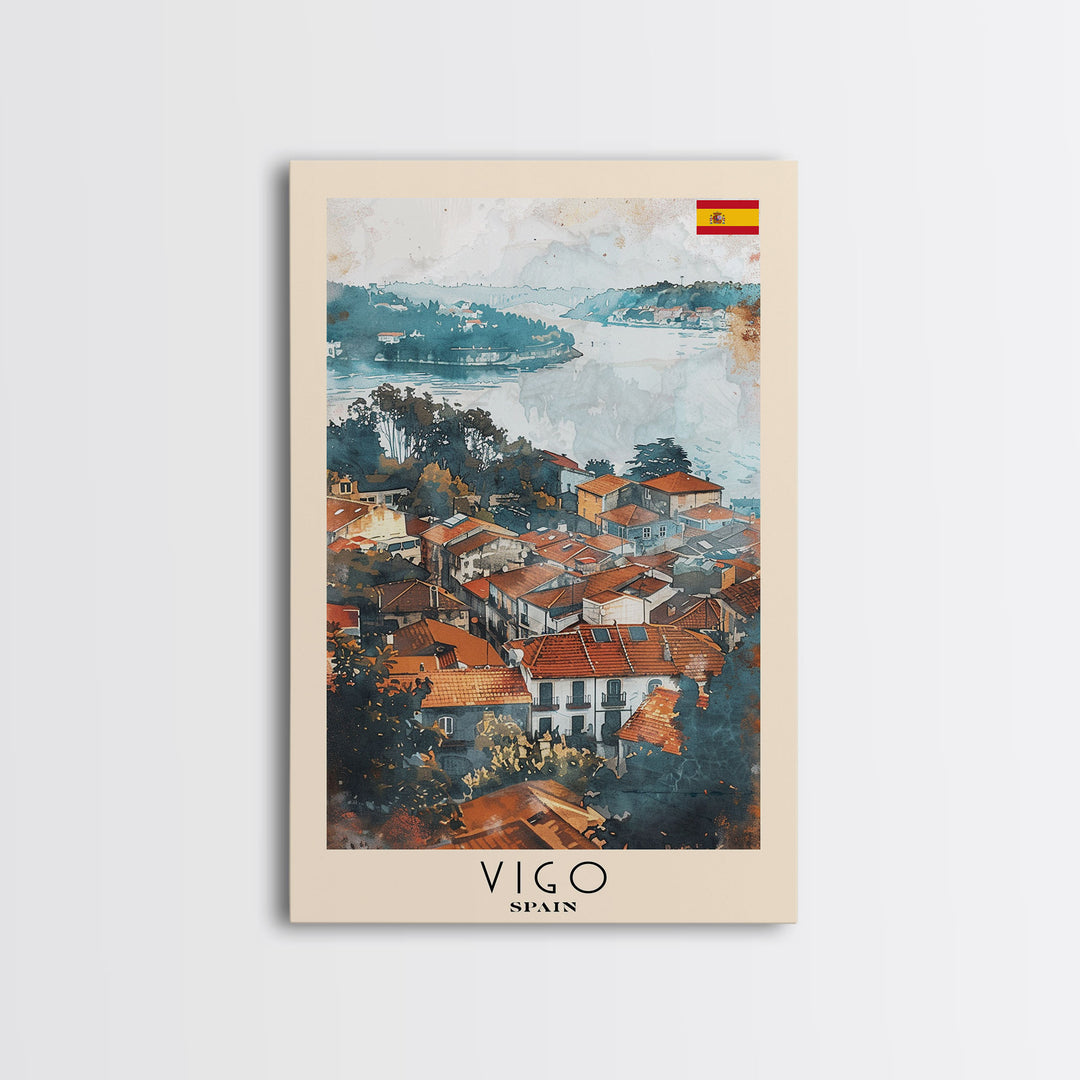 Vigo Spain Travel Poster Framed Canvas Print, Watercolor Painting, Coastal Wall Art, Home Decor, Spanish Seaside, Mediterranean Art