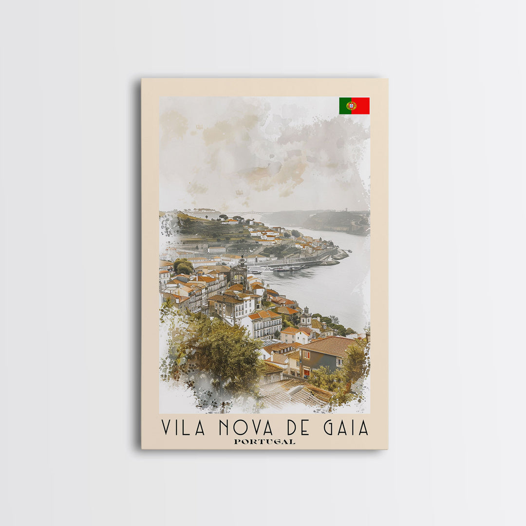 Vila Nova de Gaia Portugal Travel Poster Framed Canvas Print, Watercolor Painting, Scenic Wall Art, Home Decor, Portuguese Landscape, Vintage Art