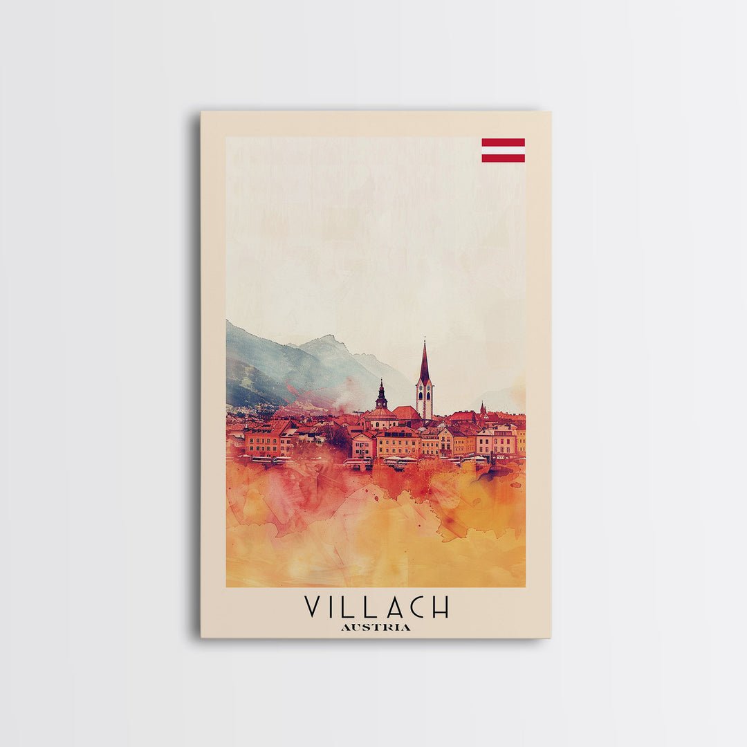 Villach Austria Travel Poster Framed Canvas Print, Watercolor Painting, Scenic Wall Art, Home Decor, Austrian Landscape, Alpine Art