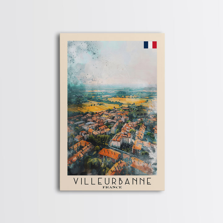 Villeurbanne France Travel Poster Framed Canvas Print, Watercolor Painting, Urban Wall Art, Home Decor, French Cityscape, Contemporary Decor