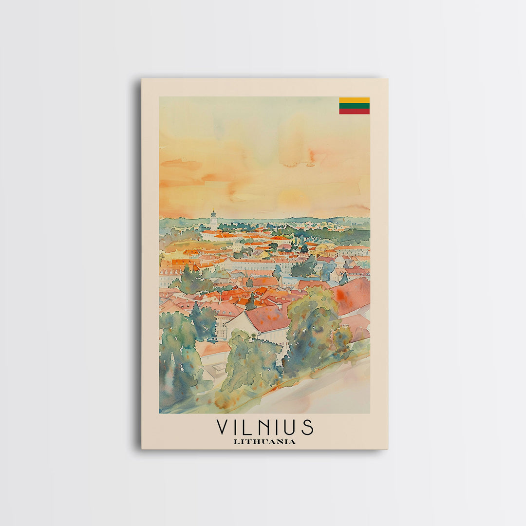 Vilnius Lithuania Travel Poster Framed Canvas Print, Watercolor Painting, Historic Wall Art, Home Decor, Lithuanian Architecture, Heritage Art