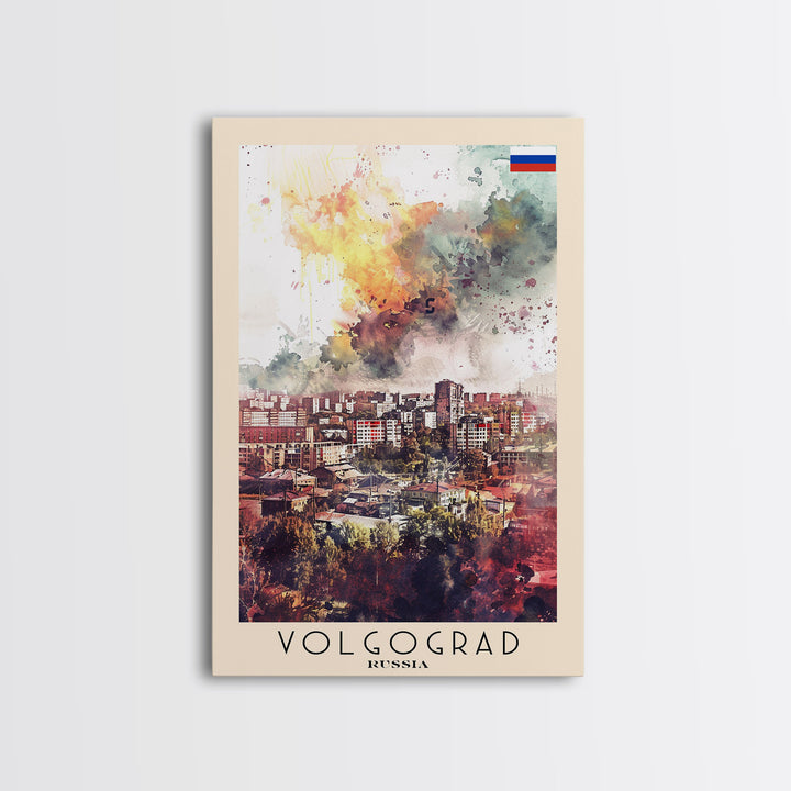 Volgograd Russia Travel Poster Framed Canvas Print, Watercolor Painting, Urban Wall Art, Home Decor, Russian Cityscape, Heritage Art