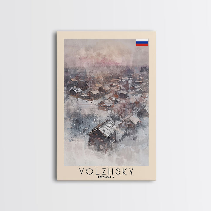 Volzhsky Russia Travel Poster Framed Canvas Print, Watercolor Painting, Urban Wall Art, Home Decor, Russian Cityscape, Classic Decor