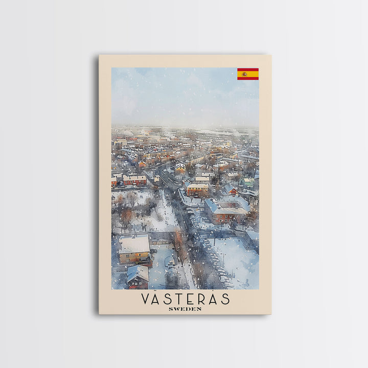 Vsters Sweden Travel Poster Framed Canvas Print, Watercolor Painting, Urban Wall Art, Home Decor, Swedish Cityscape, Modern Art