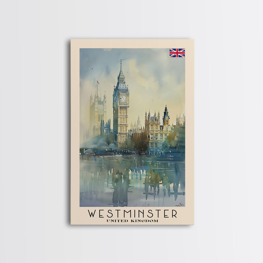 Westminster United Kingdom Travel Poster Framed Canvas Print, Watercolor Painting, Urban Wall Art, Home Decor, British Cityscape, Gift for Travelers