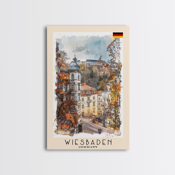 Wiesbaden Germany Travel Poster Framed Canvas Print, Watercolor Painting, Scenic Wall Art, Home Decor, German Cityscape, Artistic Gift