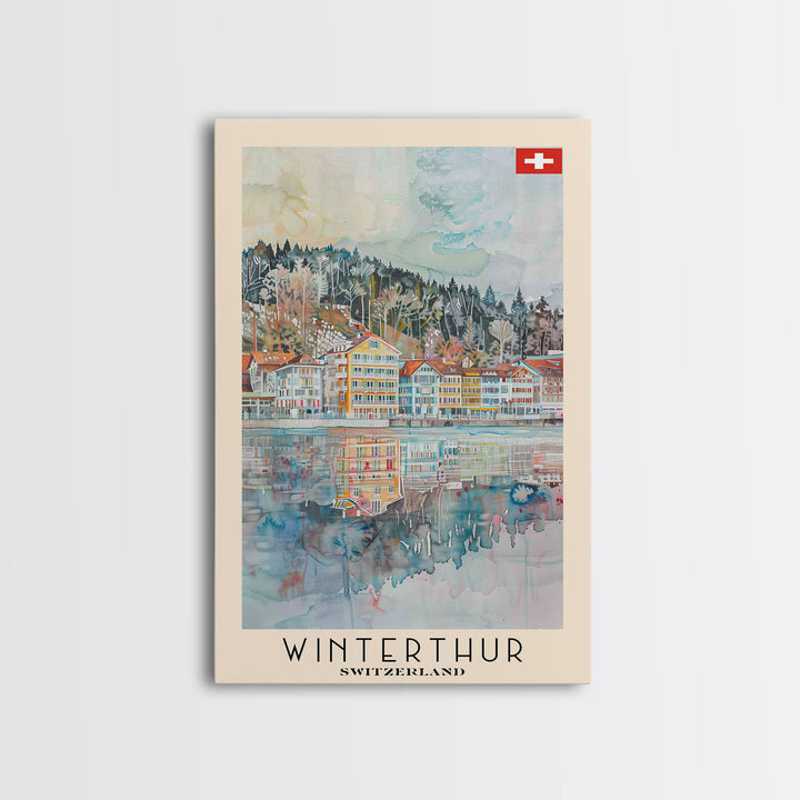 Winterthur Switzerland Travel Poster Framed Canvas Print, Watercolor Painting, Scenic Wall Art, Home Decor, Swiss Landscape, Thoughtful Gift