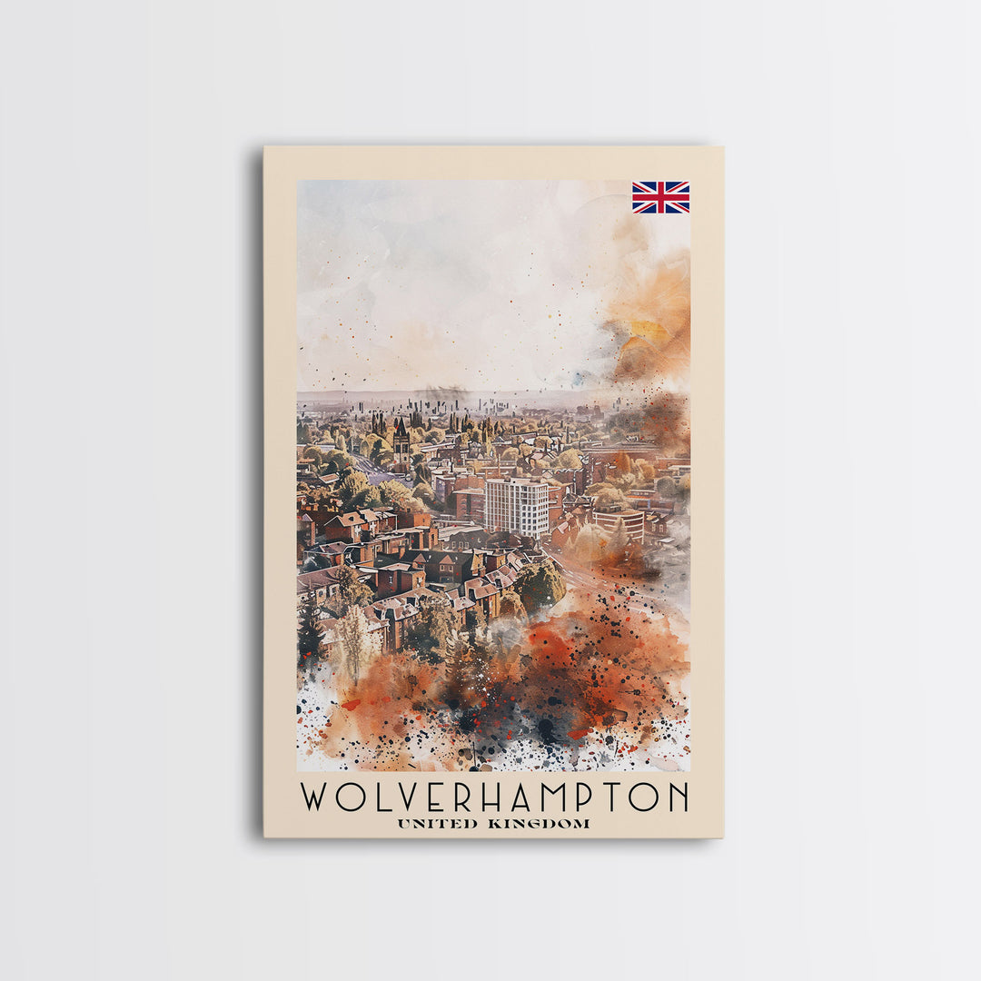 Wolverhampton United Kingdom Travel Poster Framed Canvas Print, Watercolor Painting, Urban Wall Art, Home Decor, British Cityscape, Gift for Art Lovers