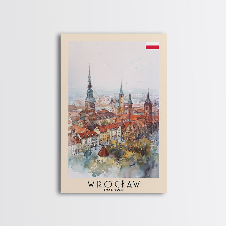 Wrocław Poland Travel Poster Framed Canvas Print, Watercolor Painting, Urban Wall Art, Home Decor, Polish Cityscape, Special Gift