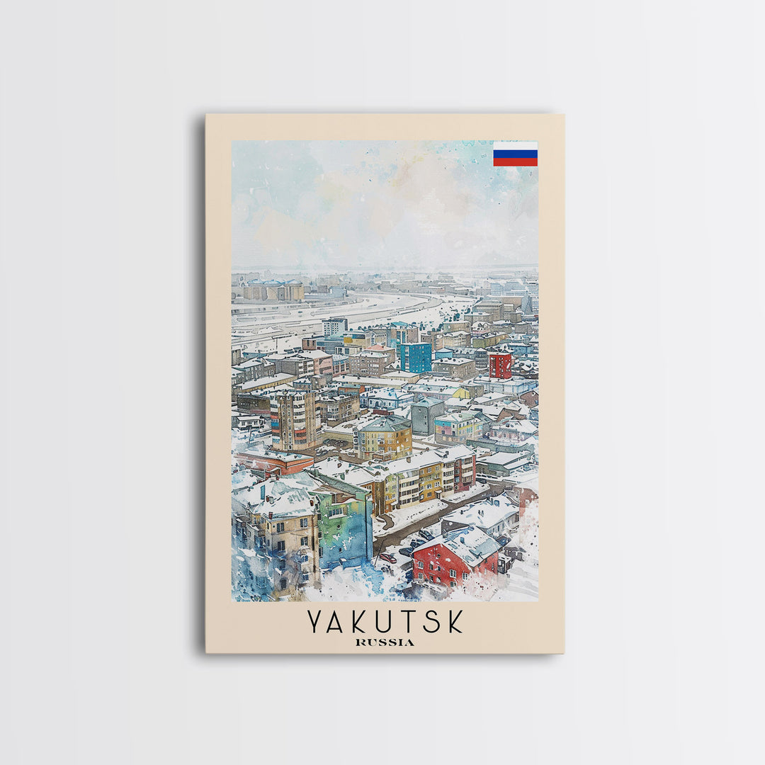 Yakutsk Russia Travel Poster Framed Canvas Print, Watercolor Painting, Scenic Wall Art, Home Decor, Russian Landscape, Unique Gift