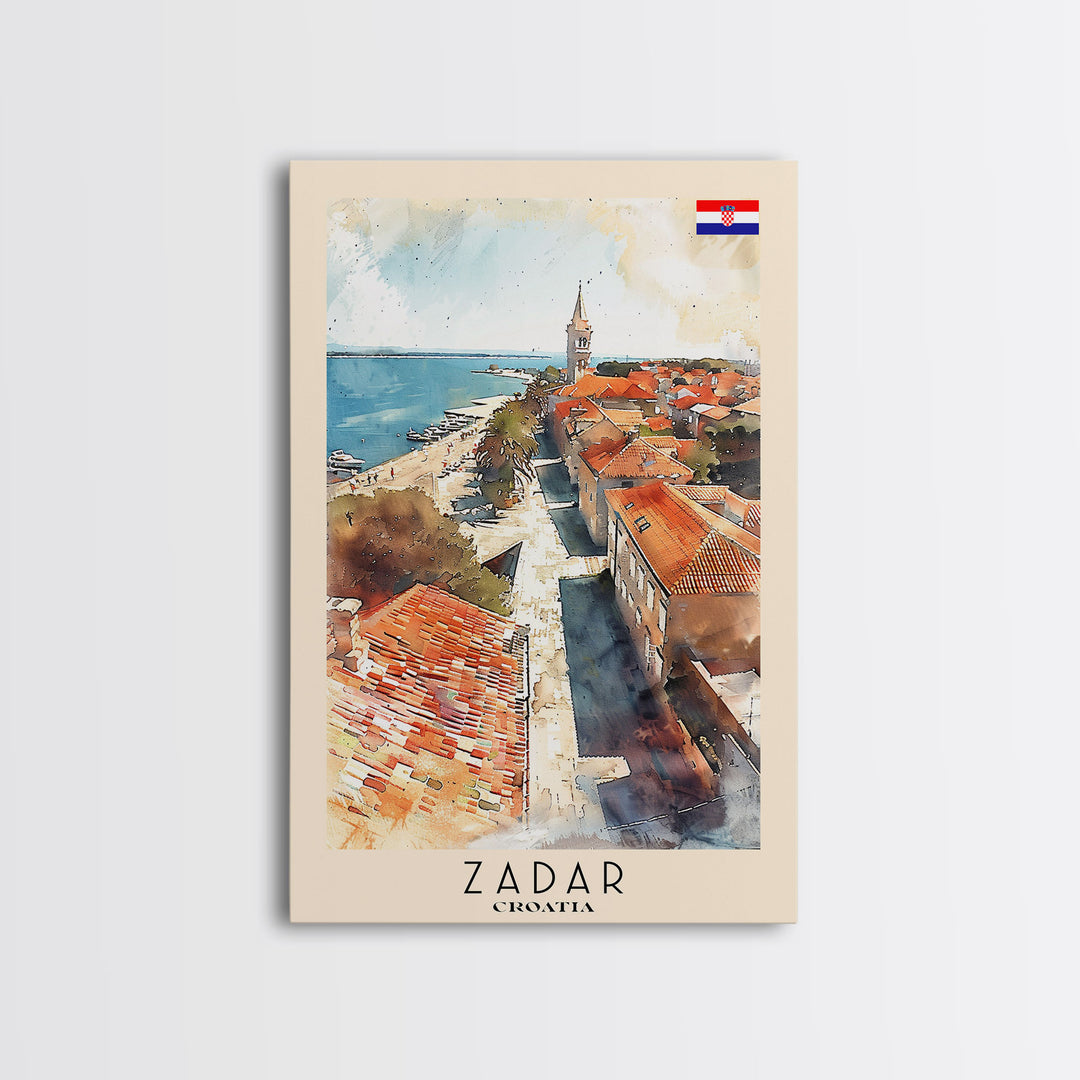 Zadar Croatia Travel Poster Framed Canvas Print, Watercolor Painting, Coastal Wall Art, Home Decor, Croatian Seaside, Nautical Gift