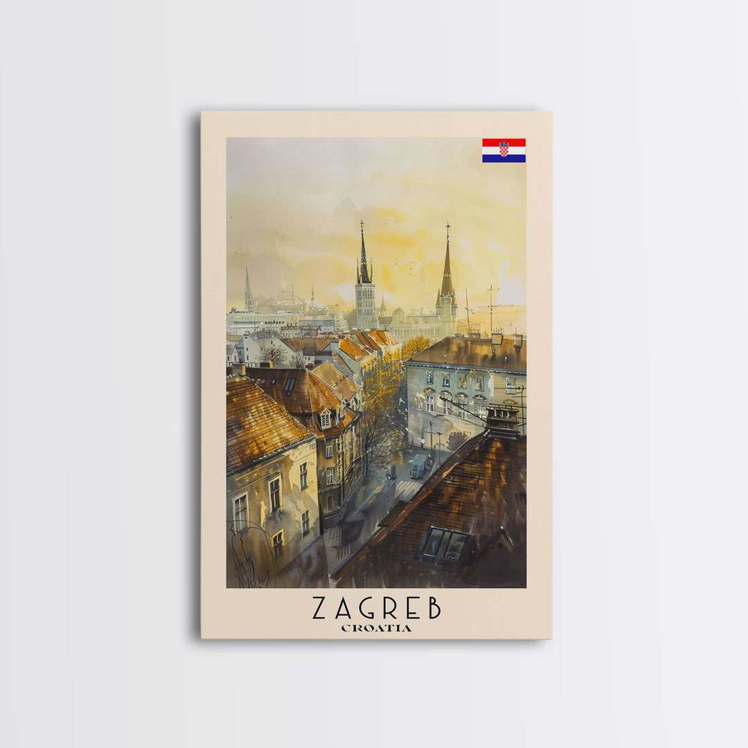 Zagreb Croatia Travel Poster Framed Canvas Print, Watercolor Painting, Urban Wall Art, Home Decor, Croatian Cityscape, Gift for Travelers