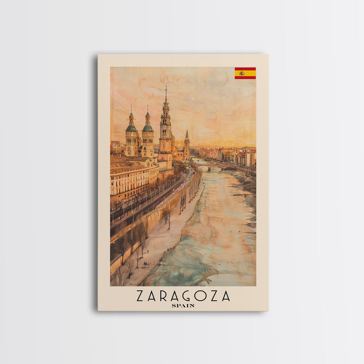 Zaragoza Spain Travel Poster Framed Canvas Print, Watercolor Painting, Urban Wall Art, Home Decor, Spanish Cityscape, Artistic Gift