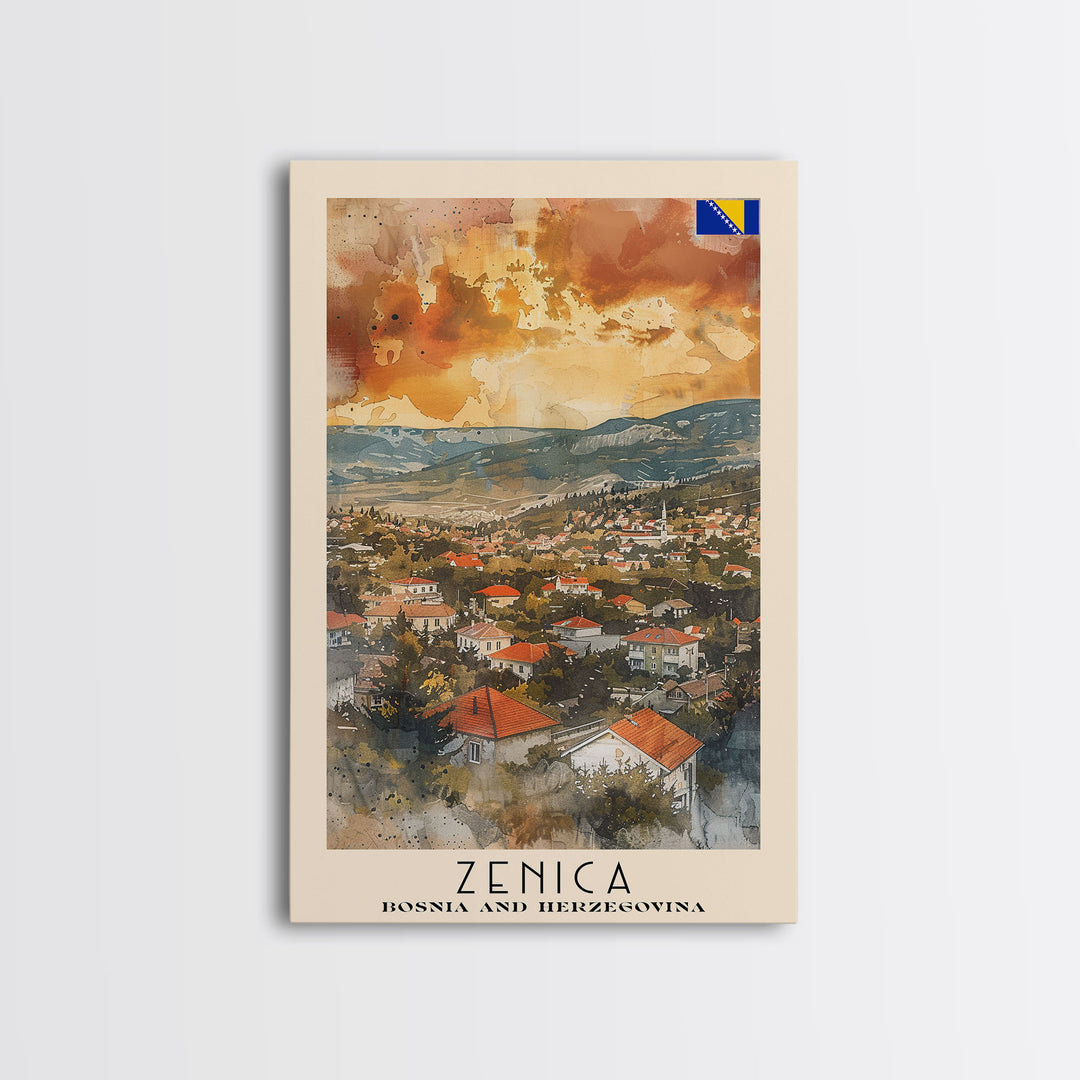 Zenica Bosnia Travel Poster Framed Canvas Print, Watercolor Painting, Scenic Wall Art, Home Decor, Bosnian Landscape, Unique Gift