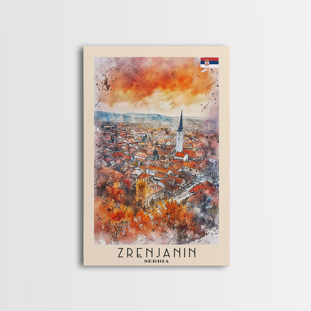 Zrenjanin Serbia Travel Poster Framed Canvas Print, Watercolor Painting, Scenic Wall Art, Home Decor, Serbian Landscape, Unique Gift