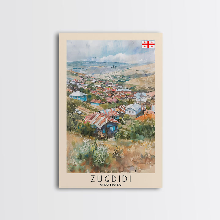 Zugdidi Georgia Travel Poster Framed Canvas Print, Watercolor Painting, Scenic Wall Art, Home Decor, Georgian Landscape, Thoughtful Gift