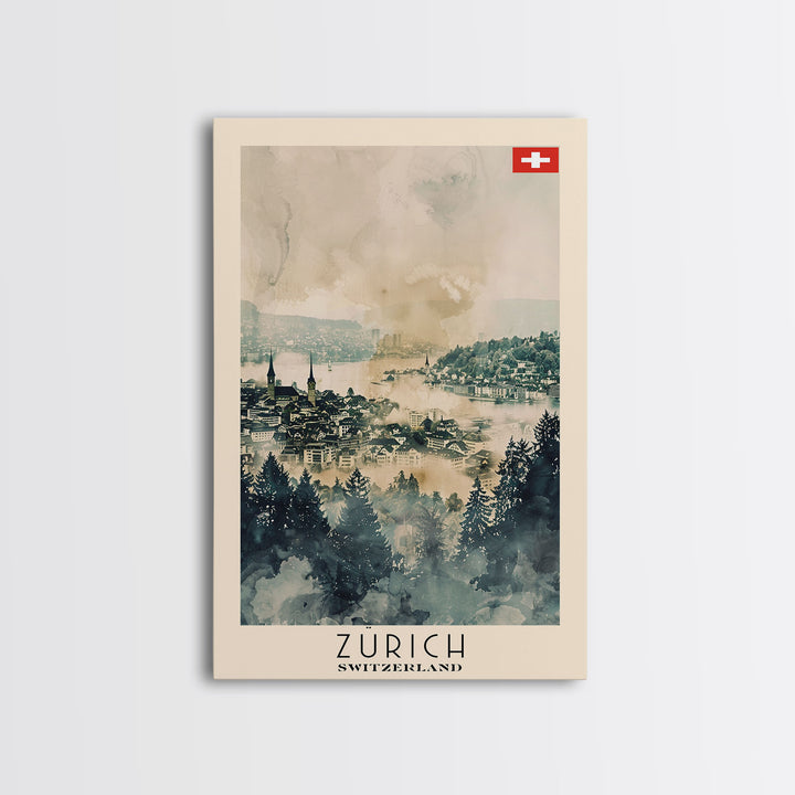 Zurich Switzerland Travel Poster Framed Canvas Print, Watercolor Painting, Urban Wall Art, Home Decor, Swiss Cityscape, Elegant Gift