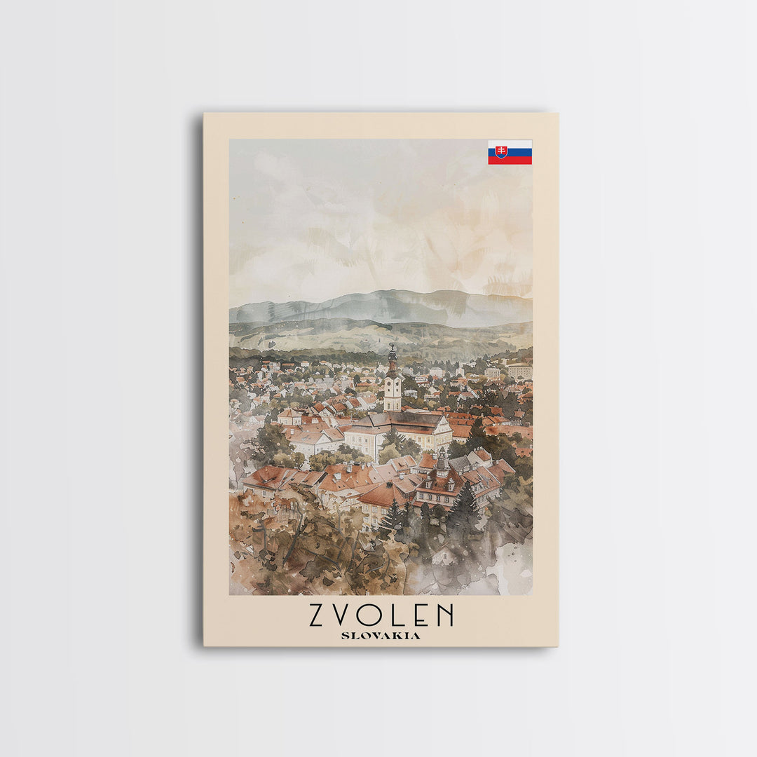 Zvolen Slovakia Travel Poster Framed Canvas Print, Watercolor Painting, Scenic Wall Art, Home Decor, Slovakian Landscape, Artistic Gift