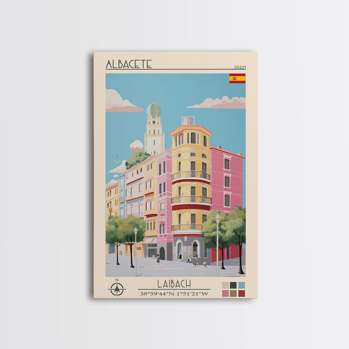 Albacete Spain Travel Poster Framed Canvas Print, Midcentury Modern Art, Pop Art Decor, Scenic View Wall Art, Vacation Gift, Home Decoration, Living Room Print