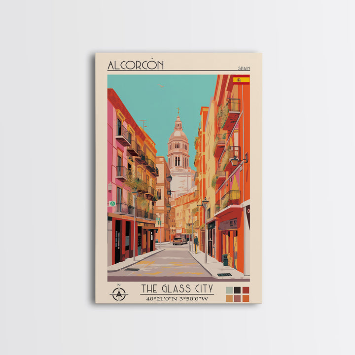 Alcorcón Spain Travel Poster Framed Canvas Print, Midcentury Modern Art, Pop Art Decor, Wall Art, Vacation Gift, Living Room Decoration, Scenic Print