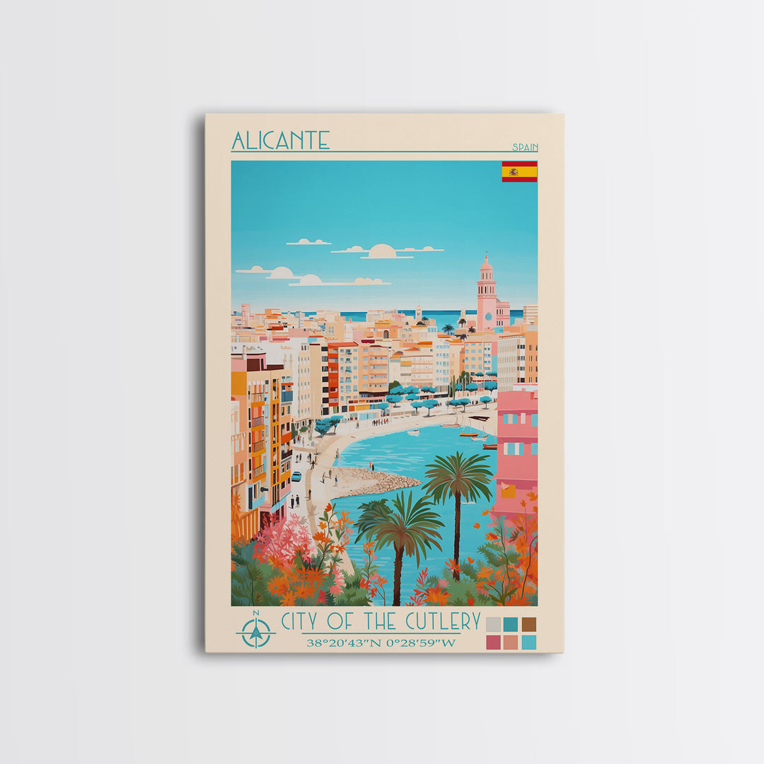 Alicante Spain Travel Poster Framed Canvas Print, Midcentury Modern Art, Pop Art Decor, Wall Art, Vacation Gift, Living Room Decoration, Scenic Print