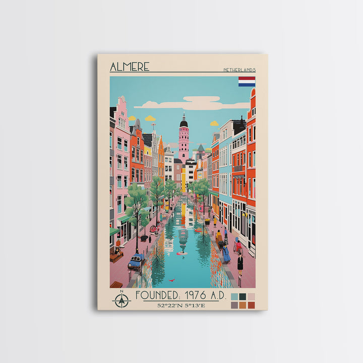 Almere Netherlands Travel Poster Framed Canvas Print, Midcentury Modern Art, Pop Art Decor, Wall Art, Vacation Gift, Living Room Decoration, Scenic Print