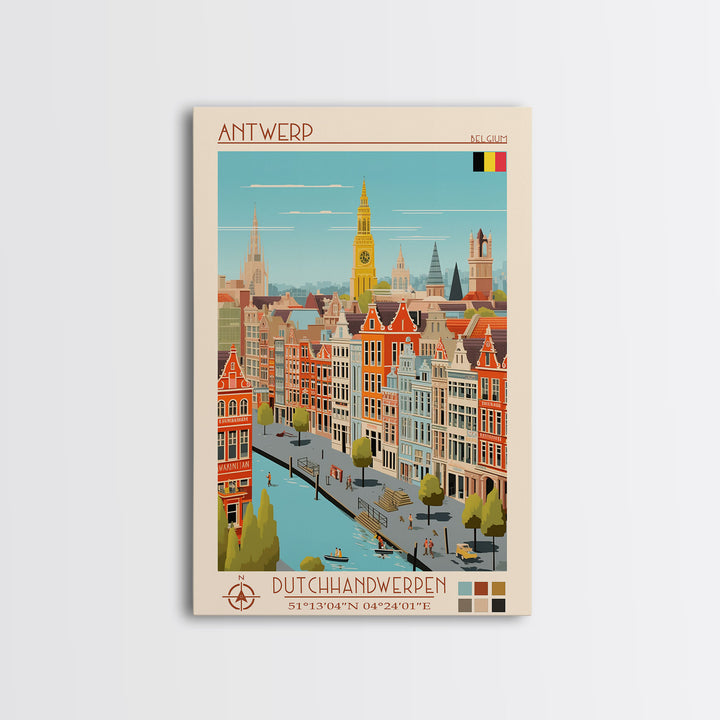 Antwerp Belgium Travel Poster Framed Canvas Print, Midcentury Modern Art, Pop Art Wall Decor, Home Decor, Vacation Gift, Living Room Art