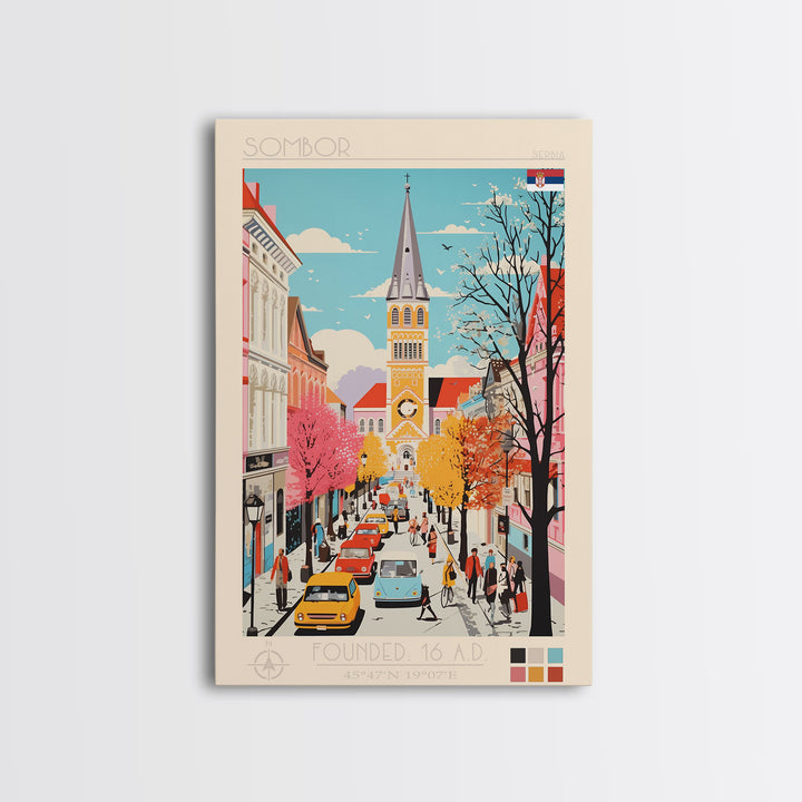 Sombor Serbia Travel Poster Framed Canvas Print, Midcentury Modern Art, Pop Art Wall Decor, Scenic Wall Art, Office Decoration