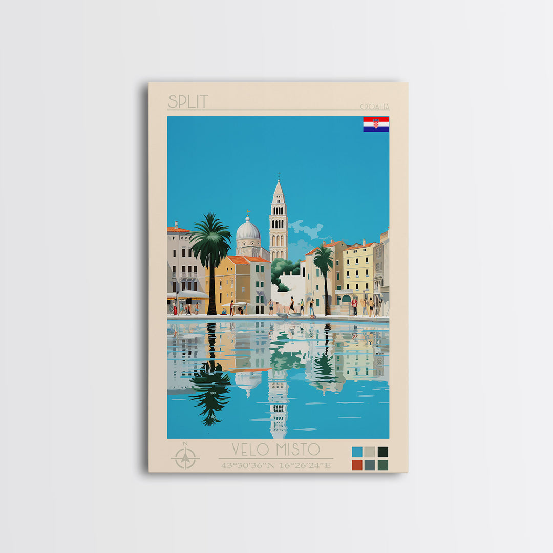 Split Croatia Travel Poster Framed Canvas Print, Midcentury Modern Art, Pop Art Wall Decor, Home Decor, Bedroom Art