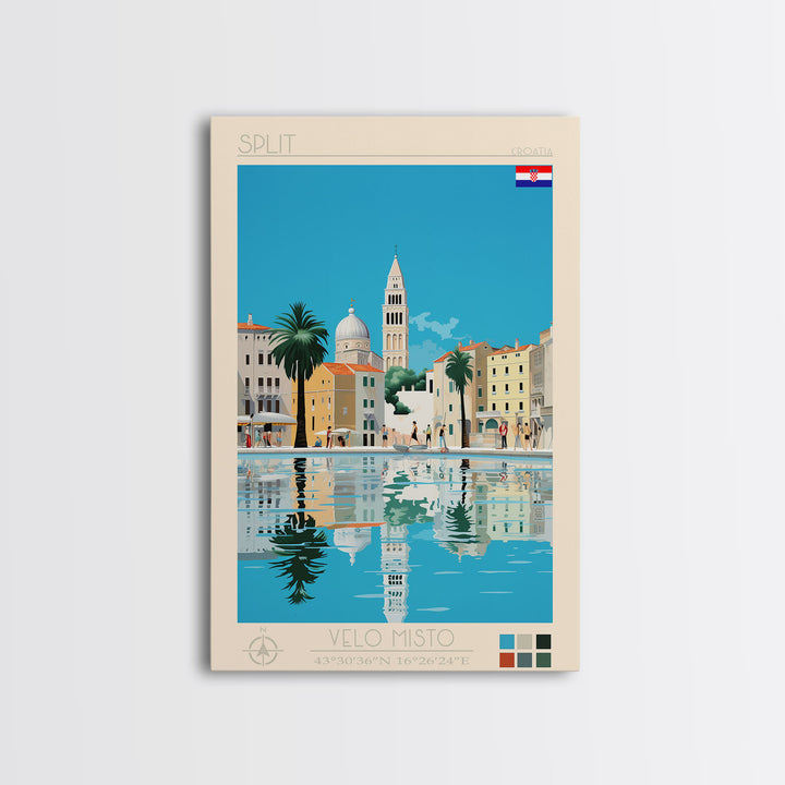 Split Croatia Travel Poster Framed Canvas Print, Midcentury Modern Art, Pop Art Wall Decor, Home Decor, Bedroom Art