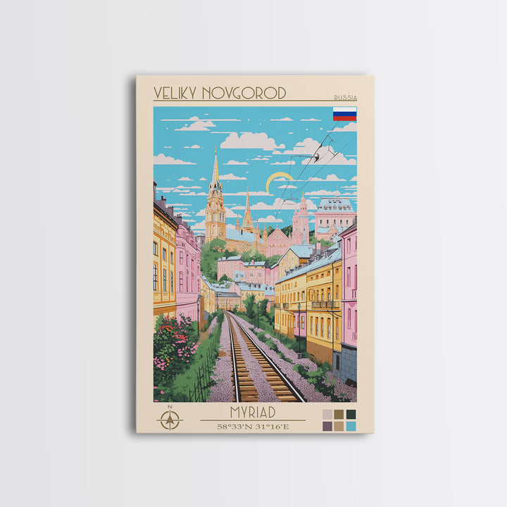 Veliky Novgorod Russia Travel Poster Framed Canvas Print, Midcentury Modern Art, Pop Art Wall Decor, Living Room Art, Scenic Wall Art