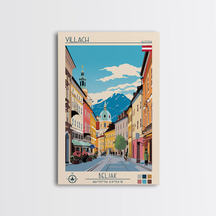 Villach Austria Travel Poster Framed Canvas Print, Midcentury Modern Art, Pop Art Wall Decor, Living Room Art, Scenic Wall Art